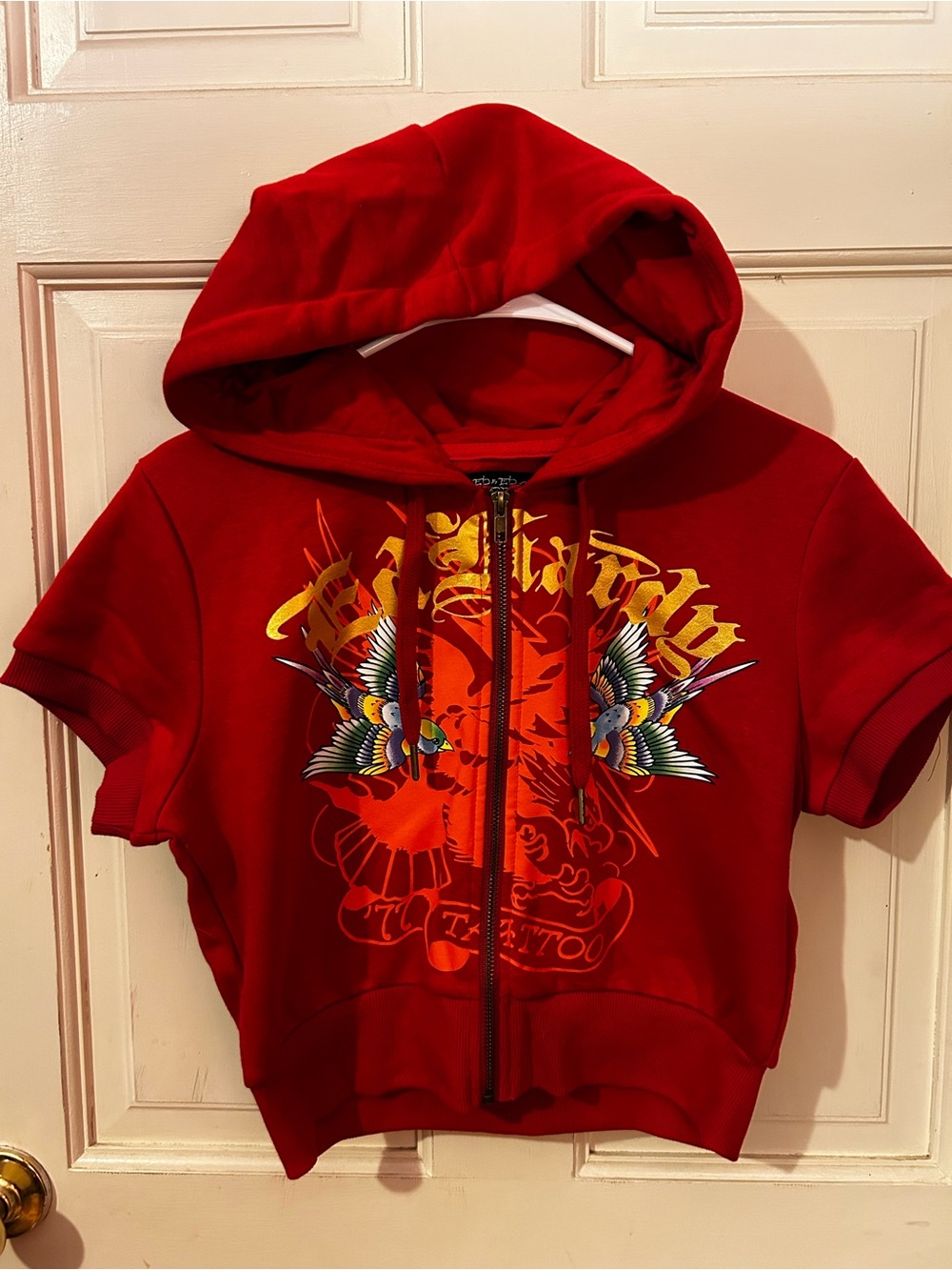 Ed Hardy Red Short-Sleeve Zip Hoodie with Multicolor Tattoo Graphic